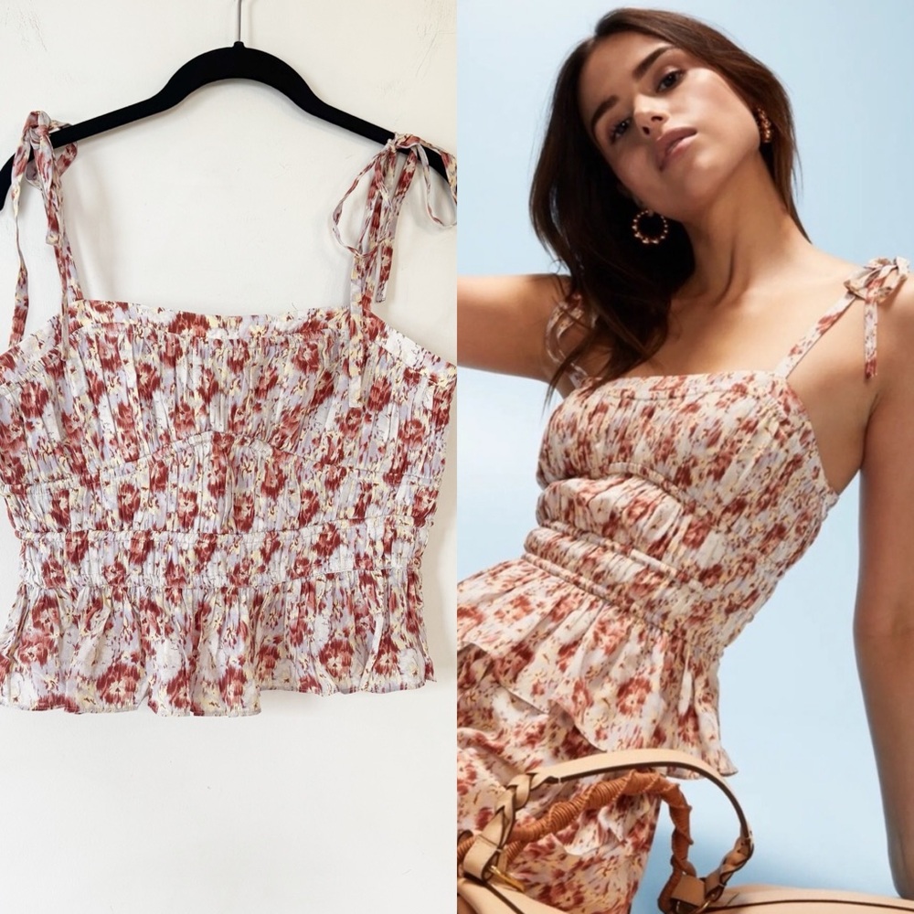 Ulla Johnson Floral Smocked Tie-Strap Tank Top in Blush and Rust